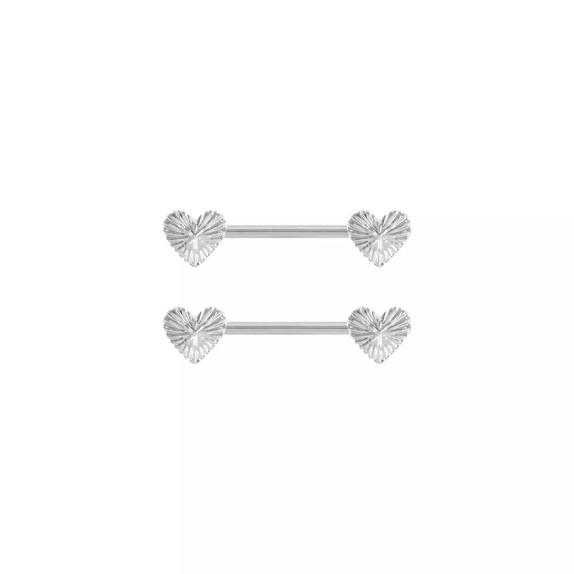 Textured Heart Silver-Tone Nipple Barbells - 14 Gauge