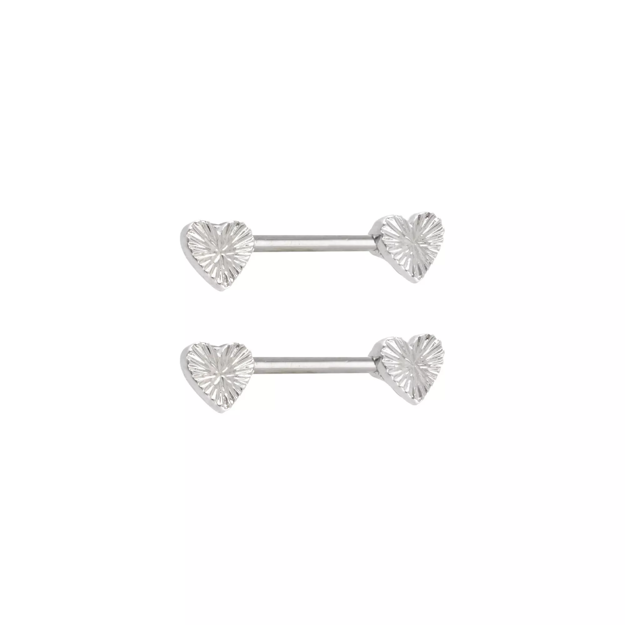 Textured Heart Silver-Tone Nipple Barbells - 14 Gauge