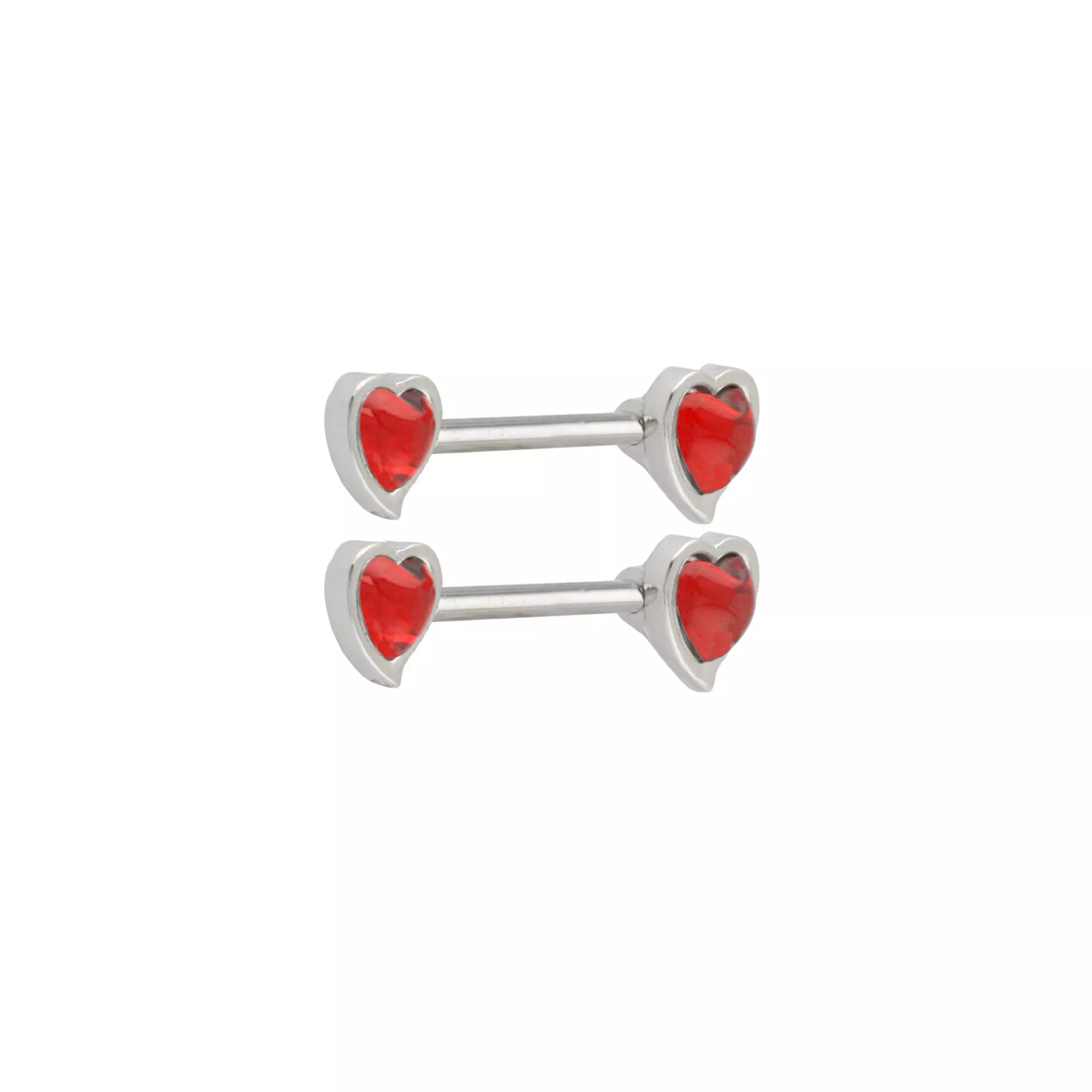 Red CZ Heart Silver-Tone Nipple Barbells - 14 Gauge
