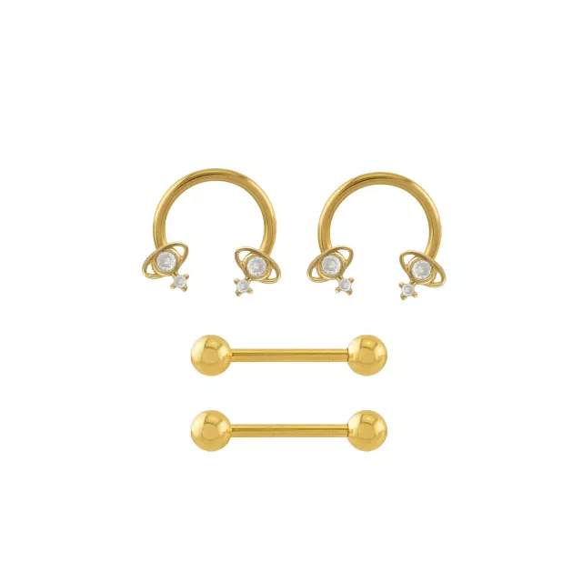 Multi-Pack CZ Saturn Gold-Tone Horseshoe Rings and Nipple Barbells 2 Pair - 14 Gauge at Spencer's