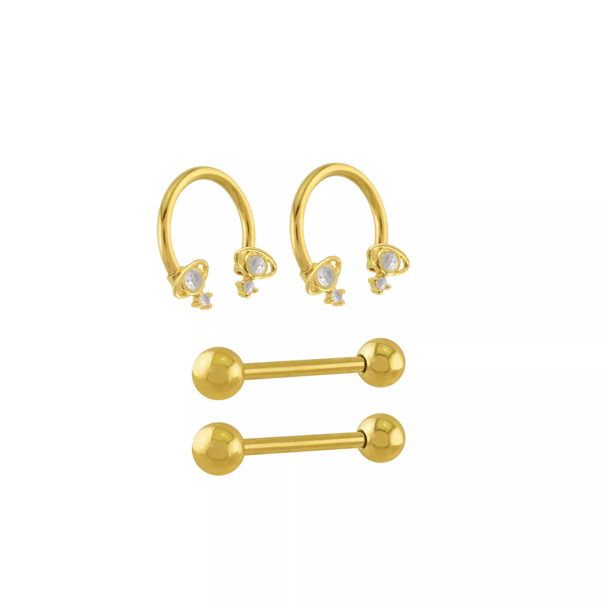 Multi-Pack CZ Saturn Gold-Tone Horseshoe Rings and Nipple Barbells 2 Pair - 14 Gauge at Spencer's