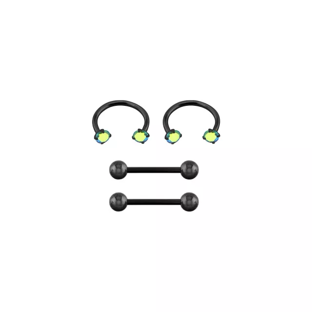Multi-Pack Vitrail CZ Black Titanium Nipple Barbells and Horseshoe Rings 2 Pair - 14 Gauge at Spencer's