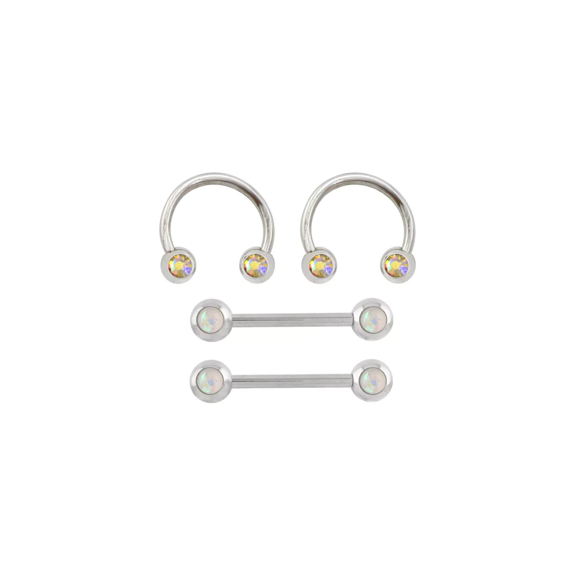 Multi-Pack Opal-Effect and Iridescent CZ Silver-Tone Titanium Nipple Barbells and Horseshoe Rings 2 Pair - 14 Gauge at Spencer's