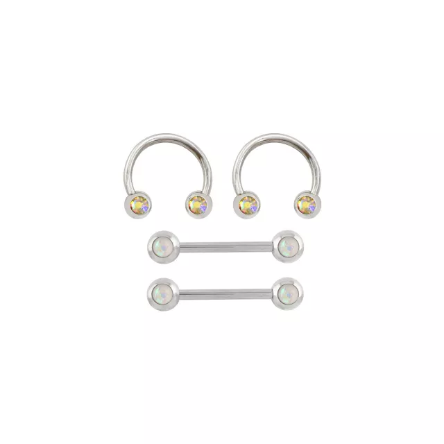 Multi-Pack Opal-Effect and Iridescent CZ Silver-Tone Titanium Nipple Barbells and Horseshoe Rings 2 Pair - 14 Gauge at Spencer's