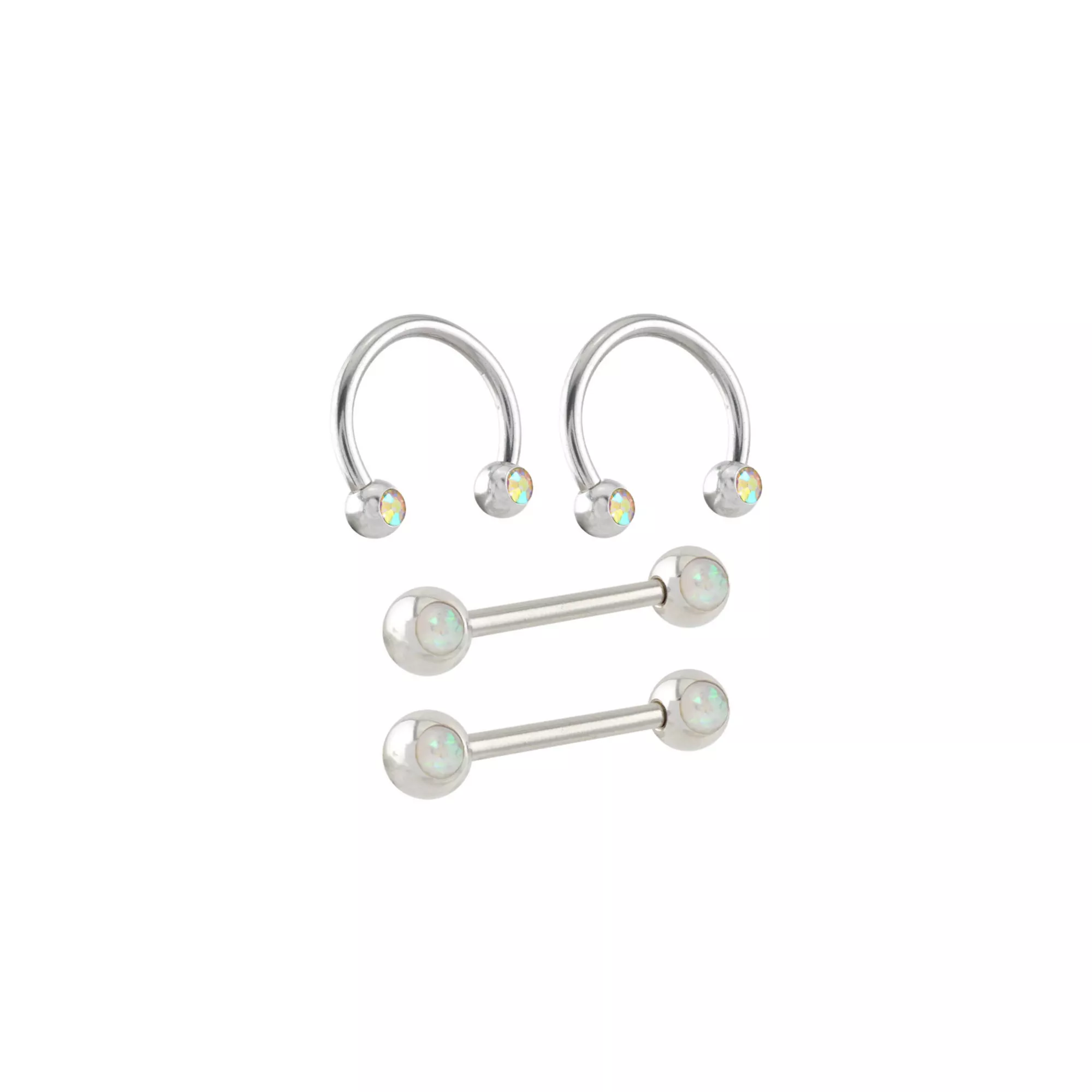 Multi-Pack Opal-Effect and Iridescent CZ Silver-Tone Titanium Nipple Barbells and Horseshoe Rings 2 Pair - 14 Gauge at Spencer's