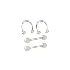 Multi-Pack Opal-Effect and Iridescent CZ Silver-Tone Titanium Nipple Barbells and Horseshoe Rings 2 Pair - 14 Gauge at Spencer's