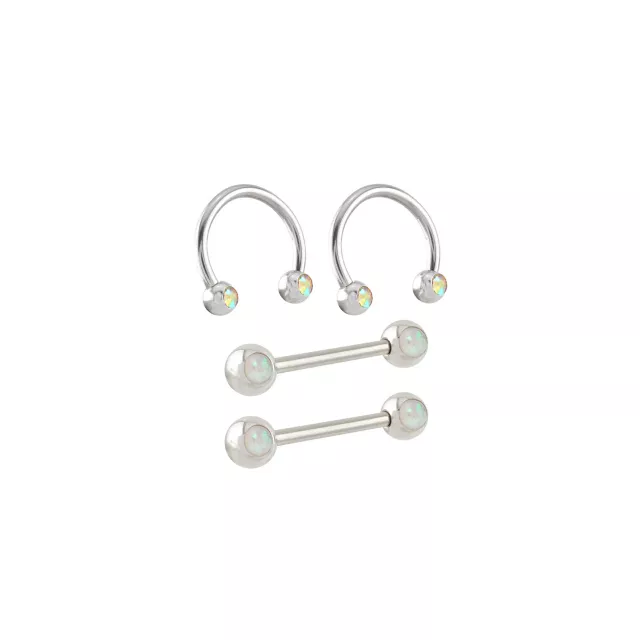 Multi-Pack Opal-Effect and Iridescent CZ Silver-Tone Titanium Nipple Barbells and Horseshoe Rings 2 Pair - 14 Gauge at Spencer's