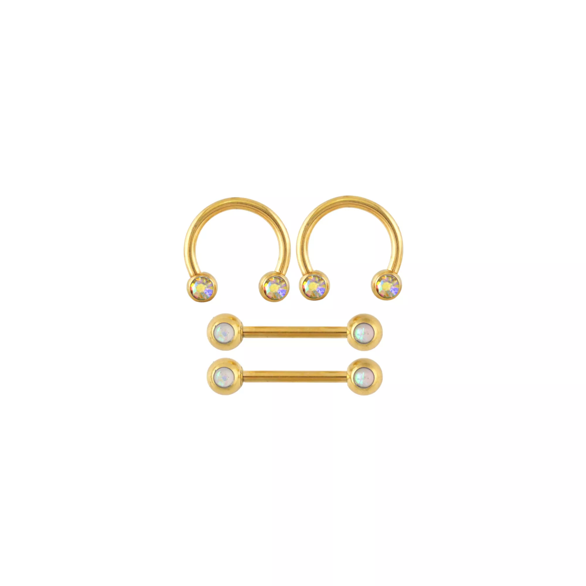Multi-Pack Opal-Effect and Iridescent CZ Gold-Tone Titanium Nipple Barbells and Horseshoe Rings 2 Pair - 14 Gauge at Spencer's