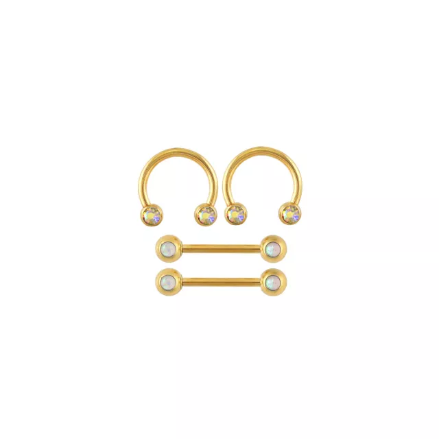 Multi-Pack Opal-Effect and Iridescent CZ Gold-Tone Titanium Nipple Barbells and Horseshoe Rings 2 Pair - 14 Gauge at Spencer's