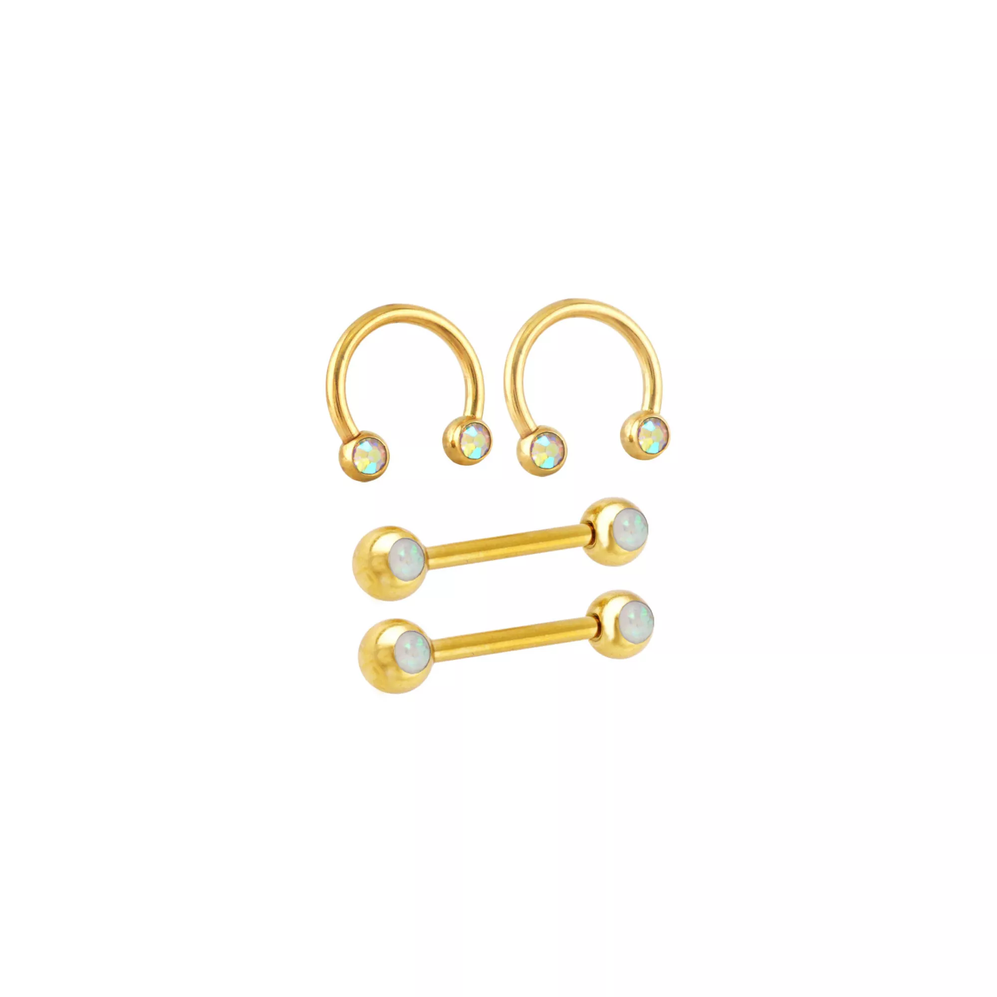 Multi-Pack Opal-Effect and Iridescent CZ Gold-Tone Titanium Nipple Barbells and Horseshoe Rings 2 Pair - 14 Gauge at Spencer's
