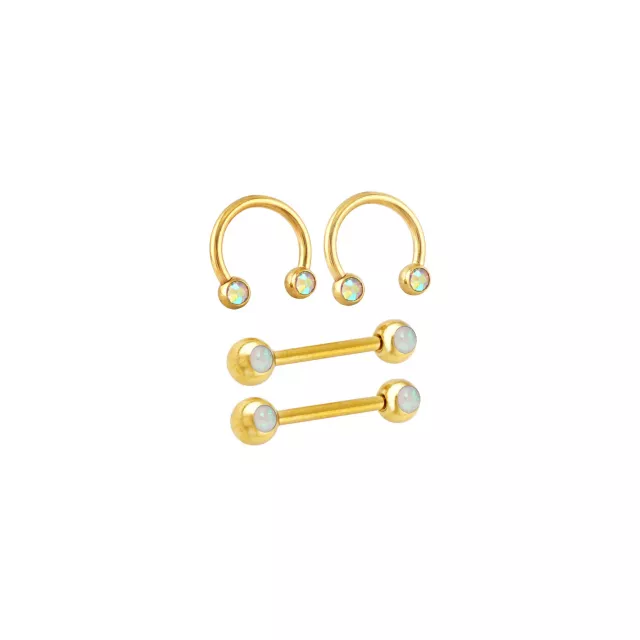 Multi-Pack Opal-Effect and Iridescent CZ Gold-Tone Titanium Nipple Barbells and Horseshoe Rings 2 Pair - 14 Gauge at Spencer's
