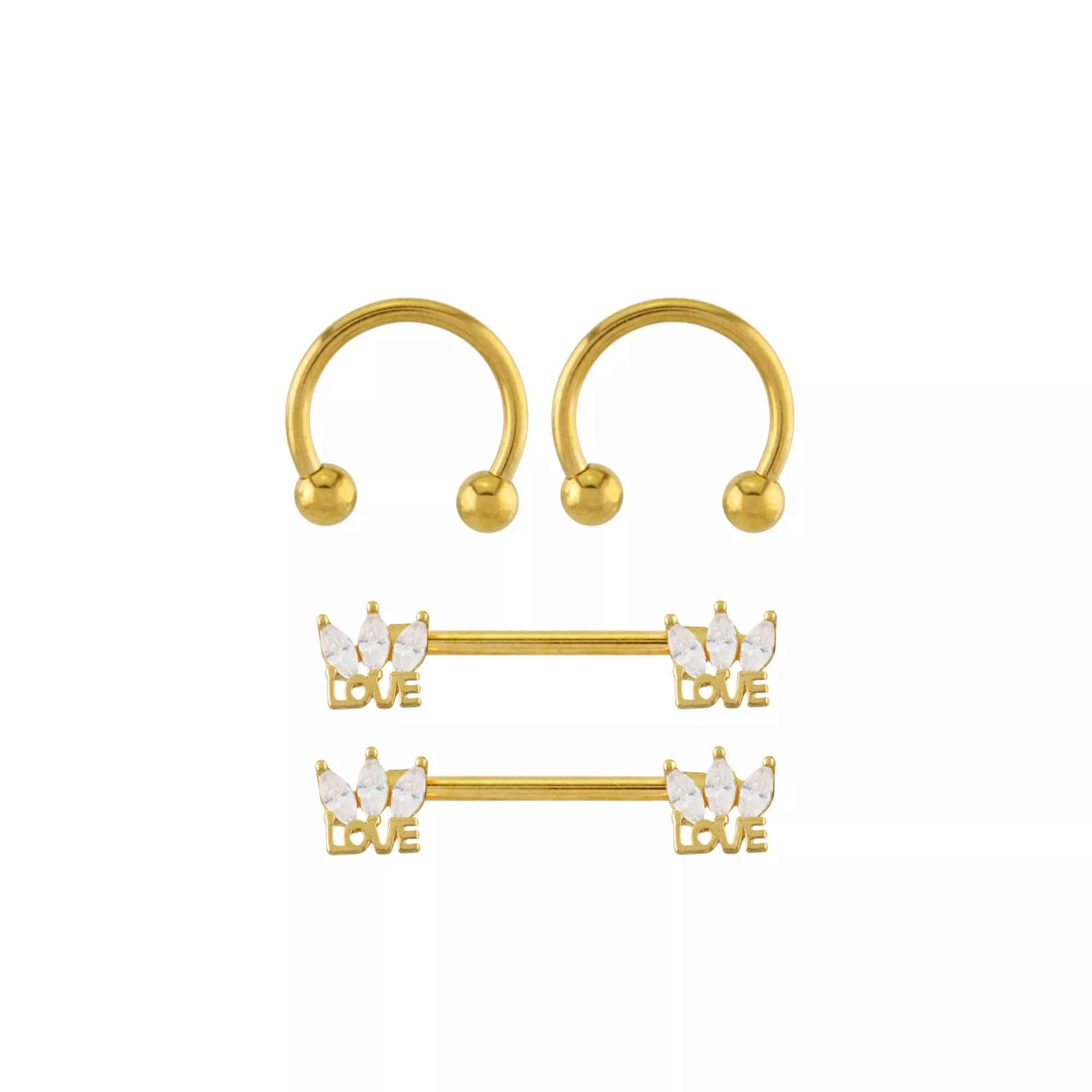 Multi-Pack Clear CZ Marquise Fan Love Gold-Tone Titanium Nipple Barbells and Horseshoe Rings 2 Pair - 14 Gauge at Spencer's