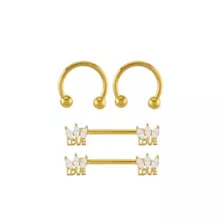 Multi-Pack Clear CZ Marquise Fan Love Gold-Tone Titanium Nipple Barbells and Horseshoe Rings 2 Pair - 14 Gauge at Spencer's