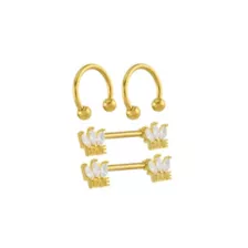 Multi-Pack Clear CZ Marquise Fan Love Gold-Tone Titanium Nipple Barbells and Horseshoe Rings 2 Pair - 14 Gauge at Spencer's