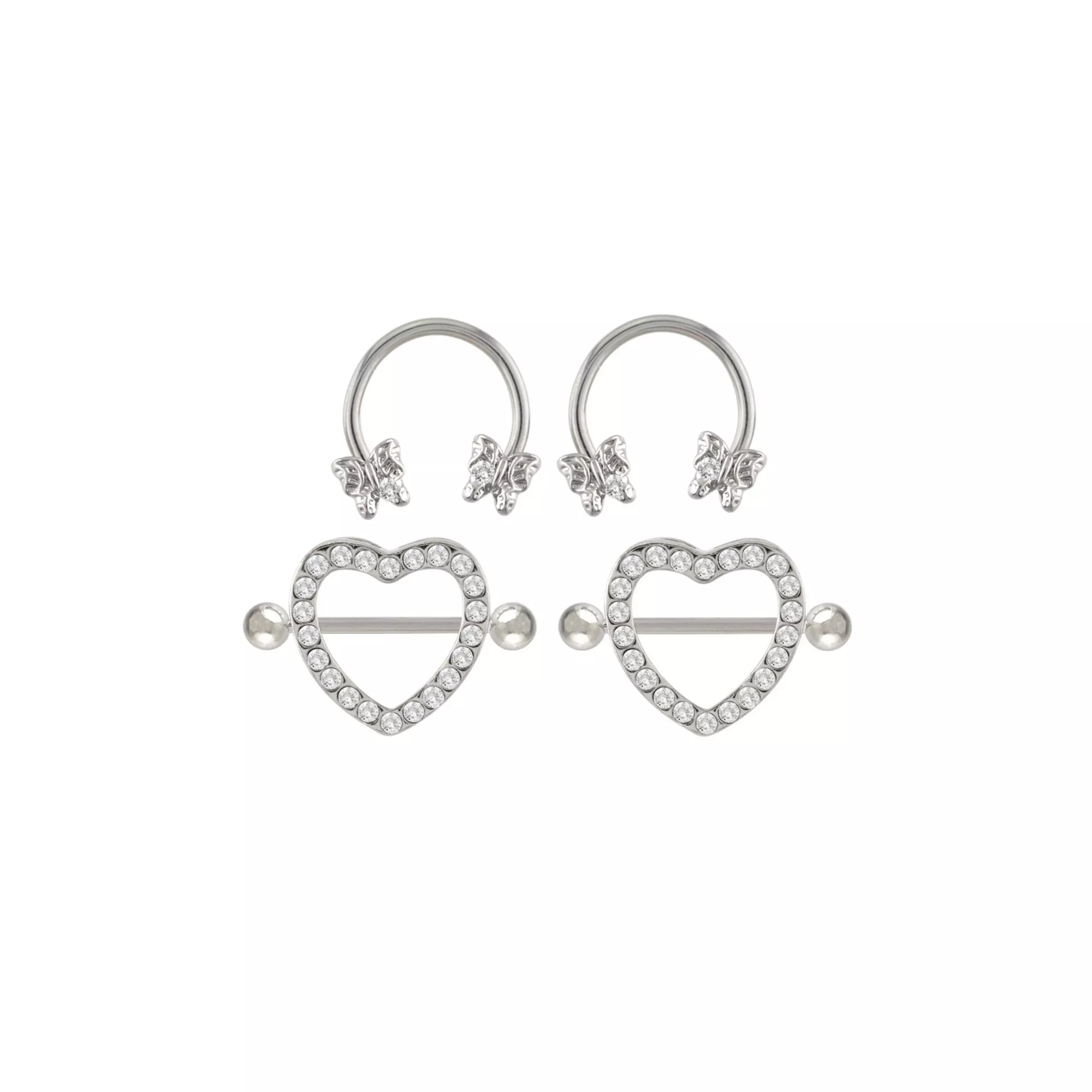 Multi-Pack CZ Heart Horseshoe Rings and Nipple Shields 2 Pair - 14 Gauge