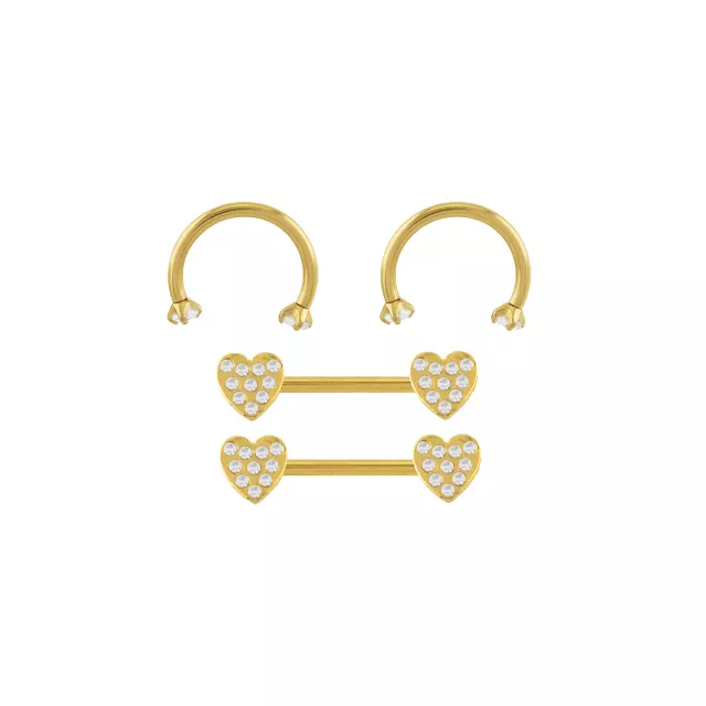 Multi-Pack CZ Gold-Tone Heart Horseshoe Rings and Nipple Barbells 2 Pair - 14 Gauge at Spencer's