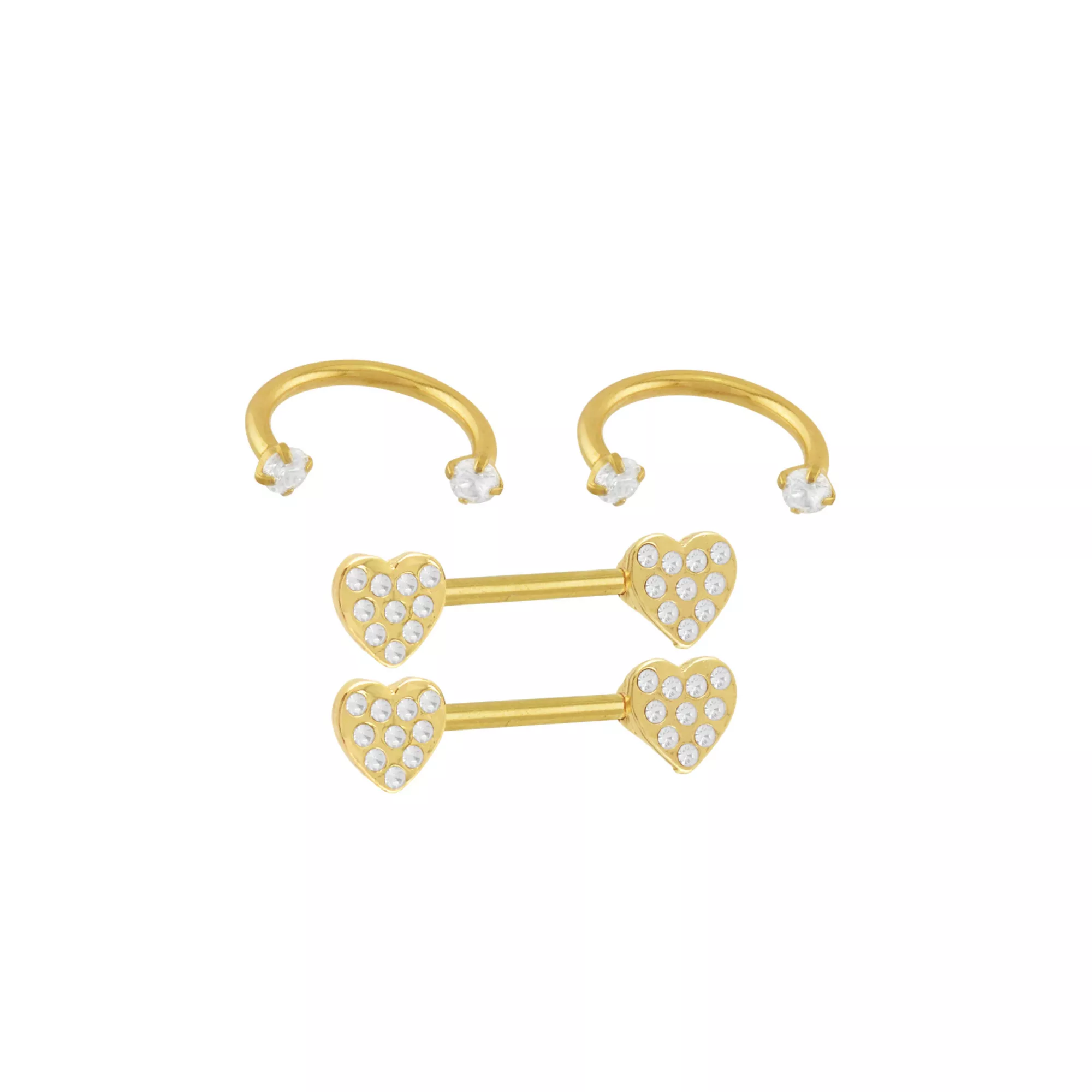 Multi-Pack CZ Gold-Tone Heart Horseshoe Rings and Nipple Barbells 2 Pair - 14 Gauge