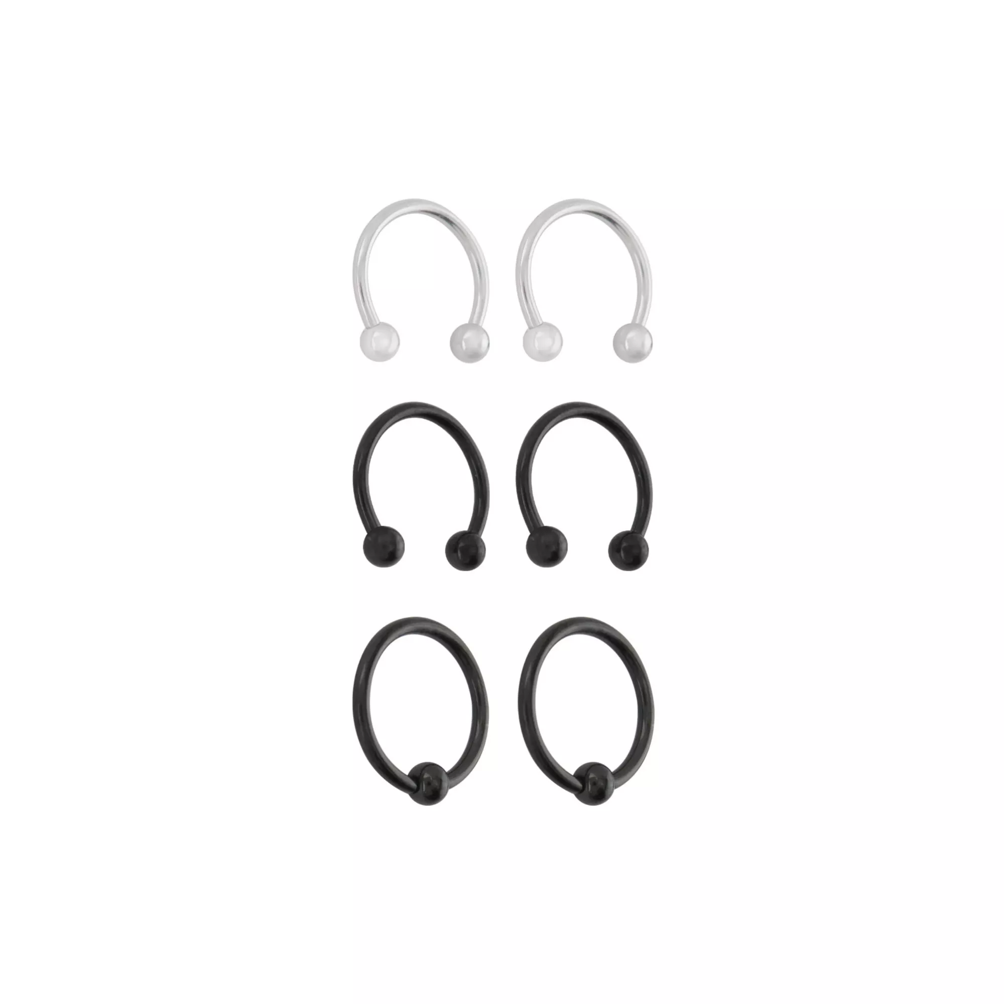 Multi-Pack Black and Silver-Tone Horseshoe Rings and Captive Rings 3 Pair - 16 Gauge