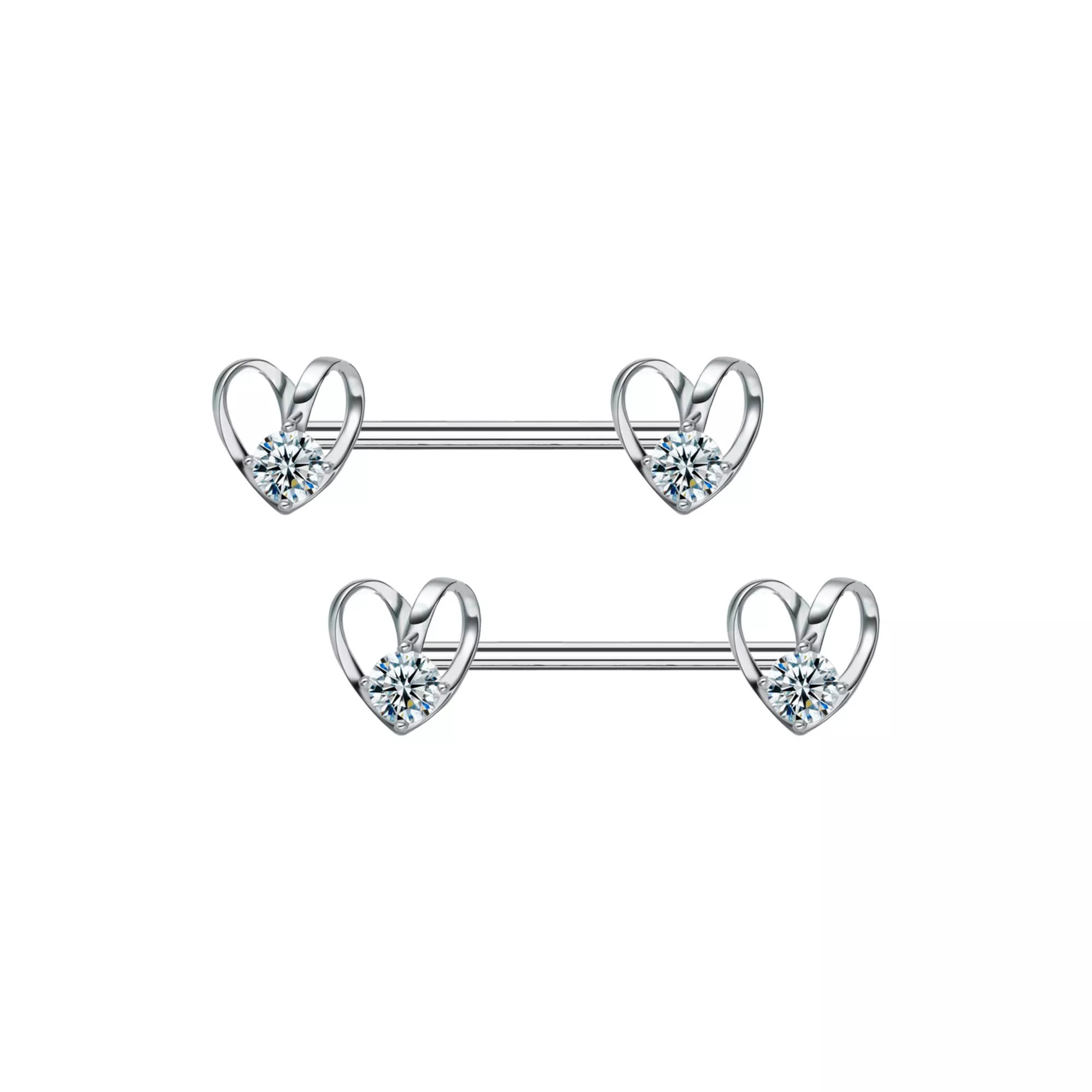 CZ Silver-Plated Heart Pendant Nipple Barbells - 14 Gauge