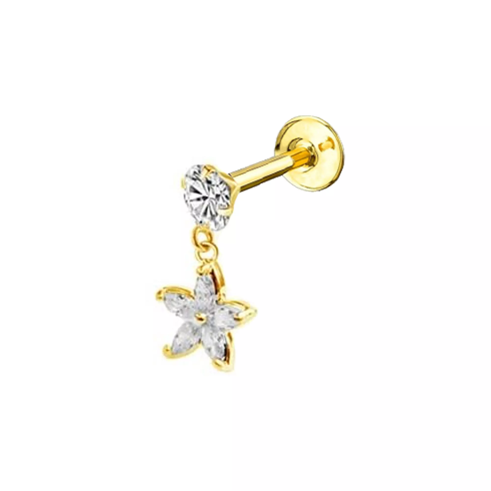 Clear CZ Flower Gold-Plated Flatback Dangle Cartilage Ring - 16 Gauge