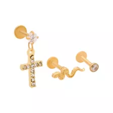Multi-Pack Clear CZ Cross and Snake Gold-Plated Dangle Cartilage Rings 3 Pack - 16 Gauge at Spencer's