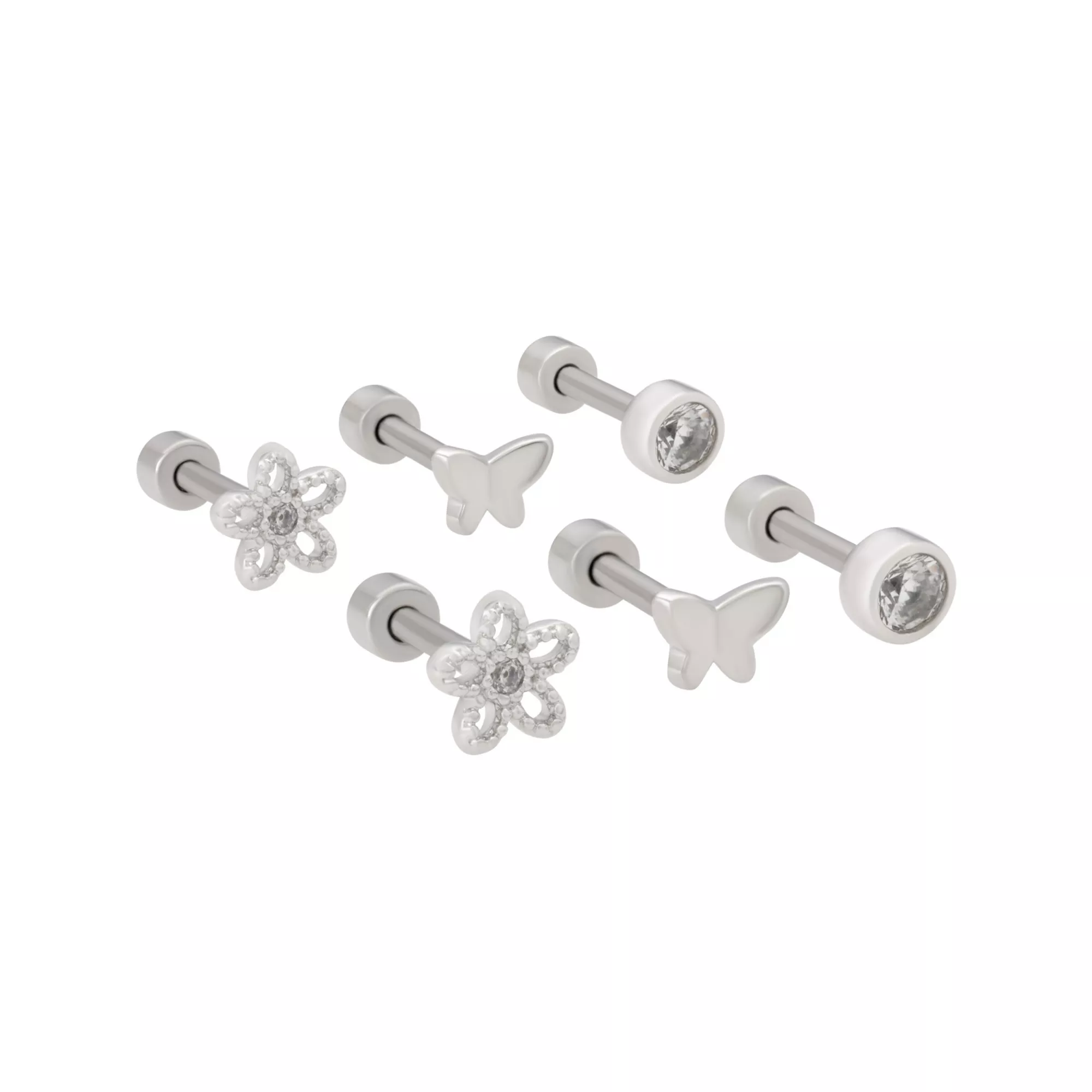 Multi-Pack Clear CZ Butterfly and Flower Silver-Tone Titanium Cartilage Rings 3 Pair - 16 Gauge at Spencer's