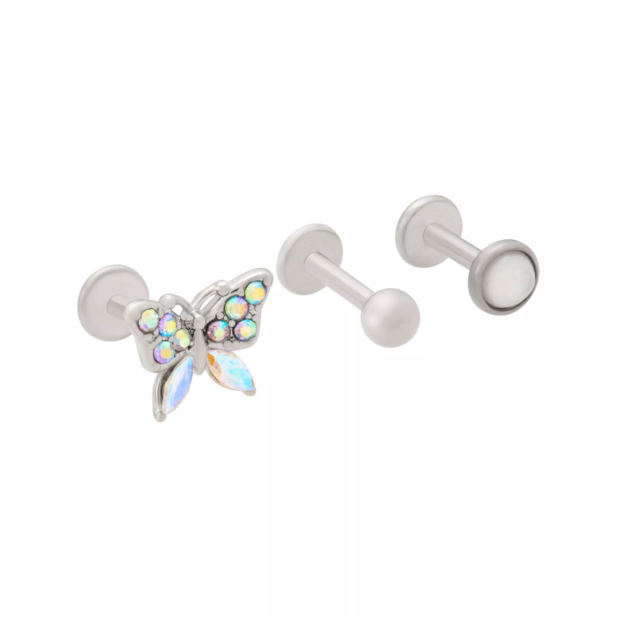 Multi-Pack Iridescent White CZ Butterfly Cartilage Rings 3 Pack - 16 Gauge at Spencer's