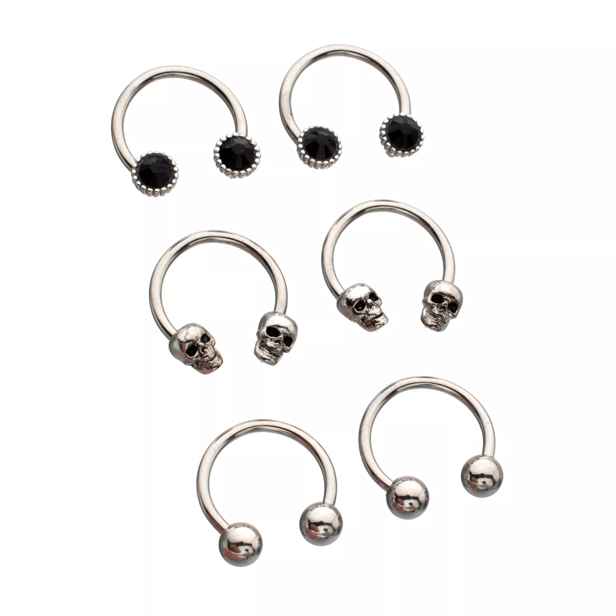Multi-Pack Black CZ Skull Horseshoe Rings 3 Pair - 16 Gauge