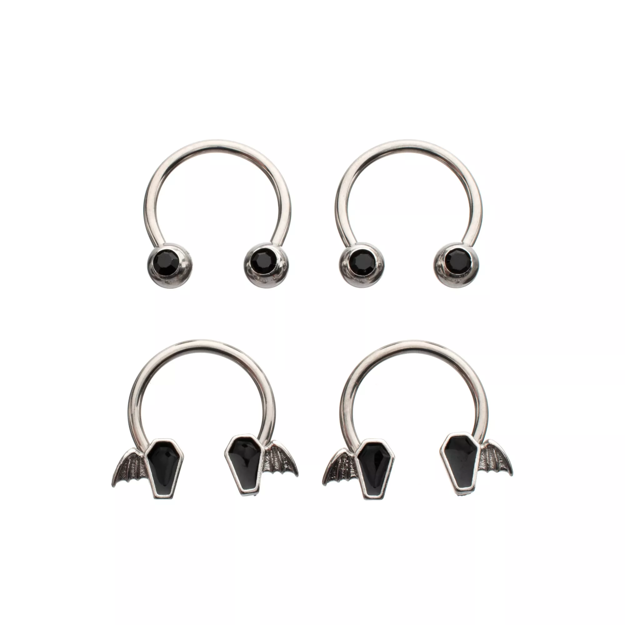 Multi-Pack Black CZ Bat Coffin Titanium Horseshoe Rings 2 Pair - 16 Gauge at Spencer's