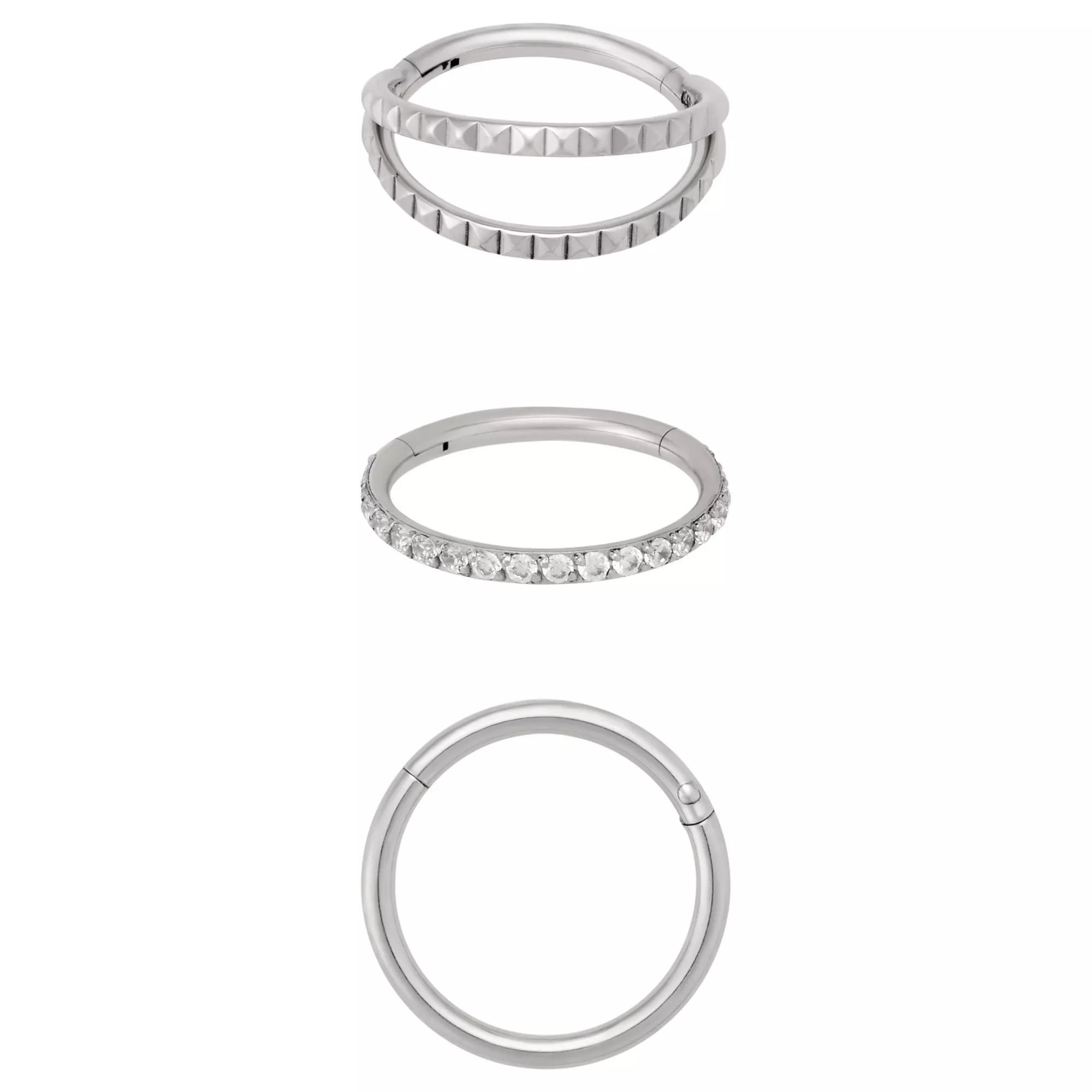 Multi-Pack Clear CZ Silver-Tone Studded Hinge Hoops 3 Pack - 16 Gauge
