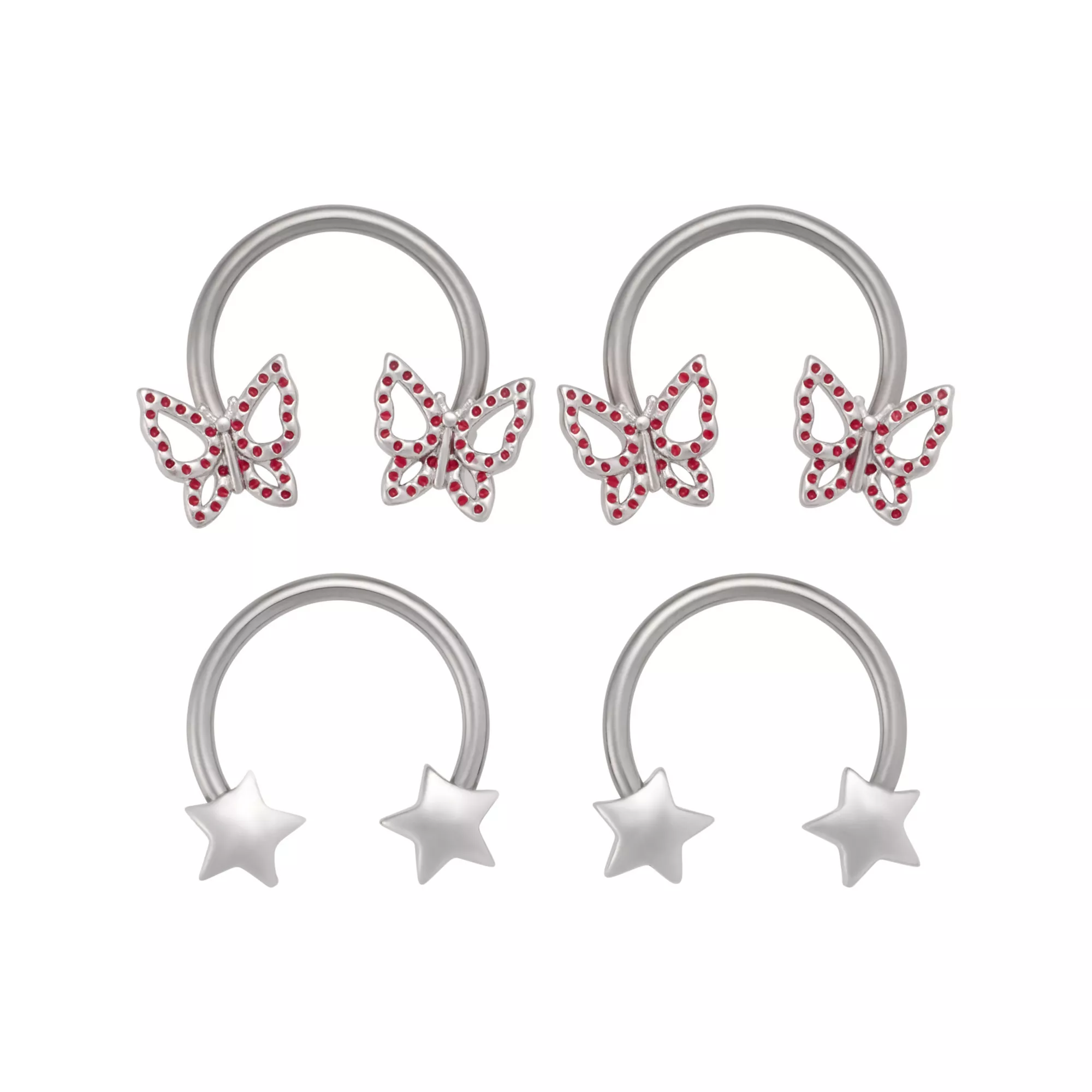 Multi-Pack Pink CZ Butterfly Star Titanium Horseshoe Rings 4 Pack - 16 Gauge at Spencer's