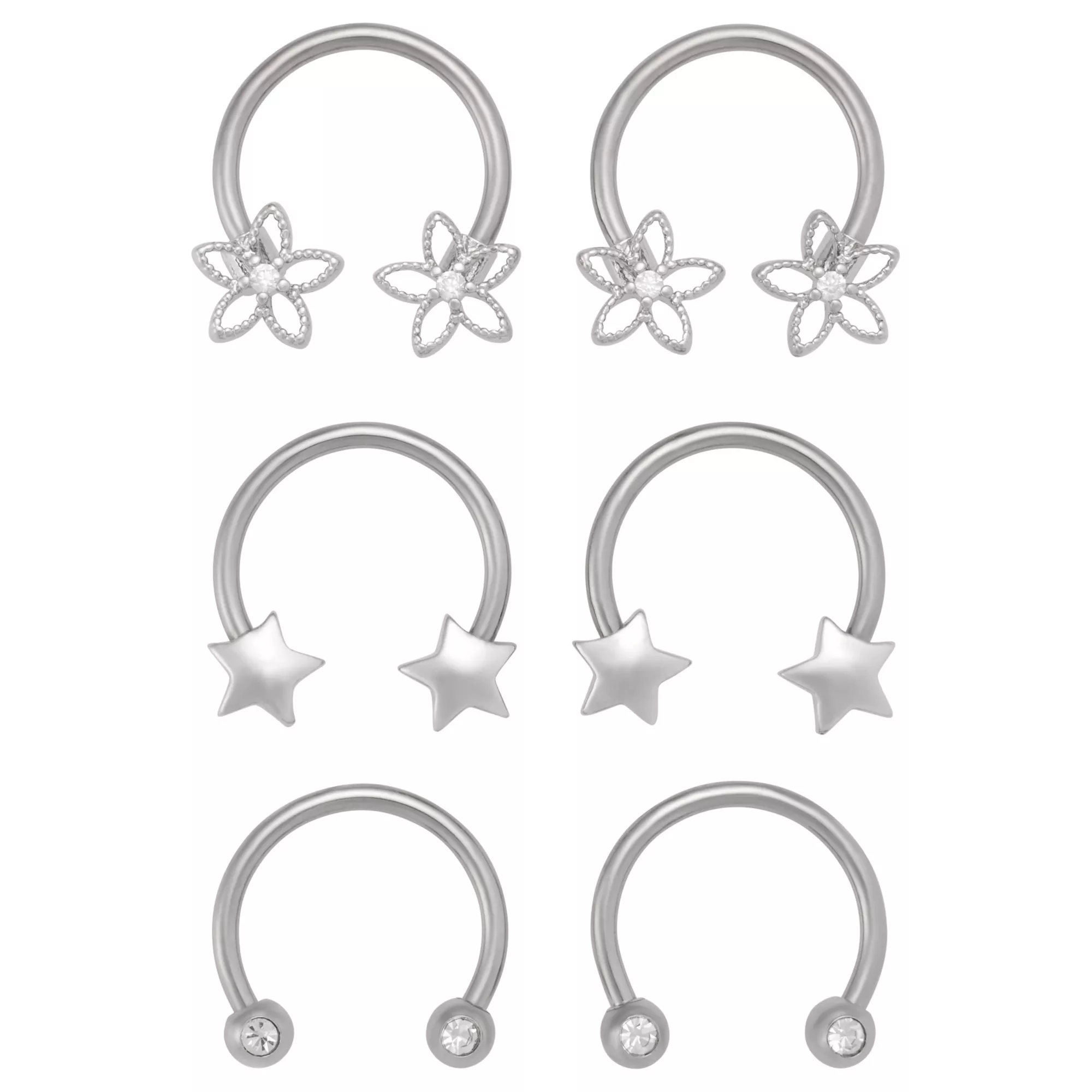 Multi-Pack CZ Flower and Star Titanium Horseshoe Rings 3 Pair - 16 Gauge at Spencer's