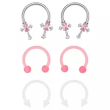 Multi-Pack Pink CZ Cross Acrylic and Silver-Tone Horseshoe Rings 3 Pair - 16 Gauge at Spencer's