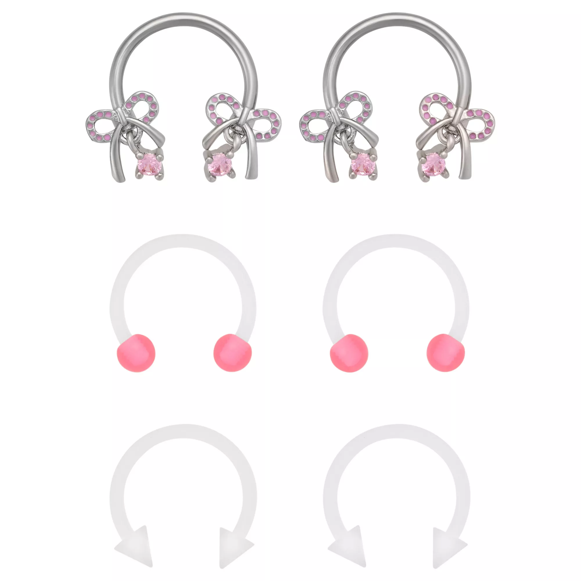 Multi-Pack Pink CZ Bow Spike Horseshoe Rings 6 Pack - 16 Gauge