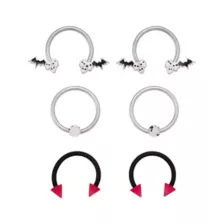 Multi-Pack Bat Skull Horseshoe Rings and Captive Rings 3 Pair - 16 Gauge at Spencer's
