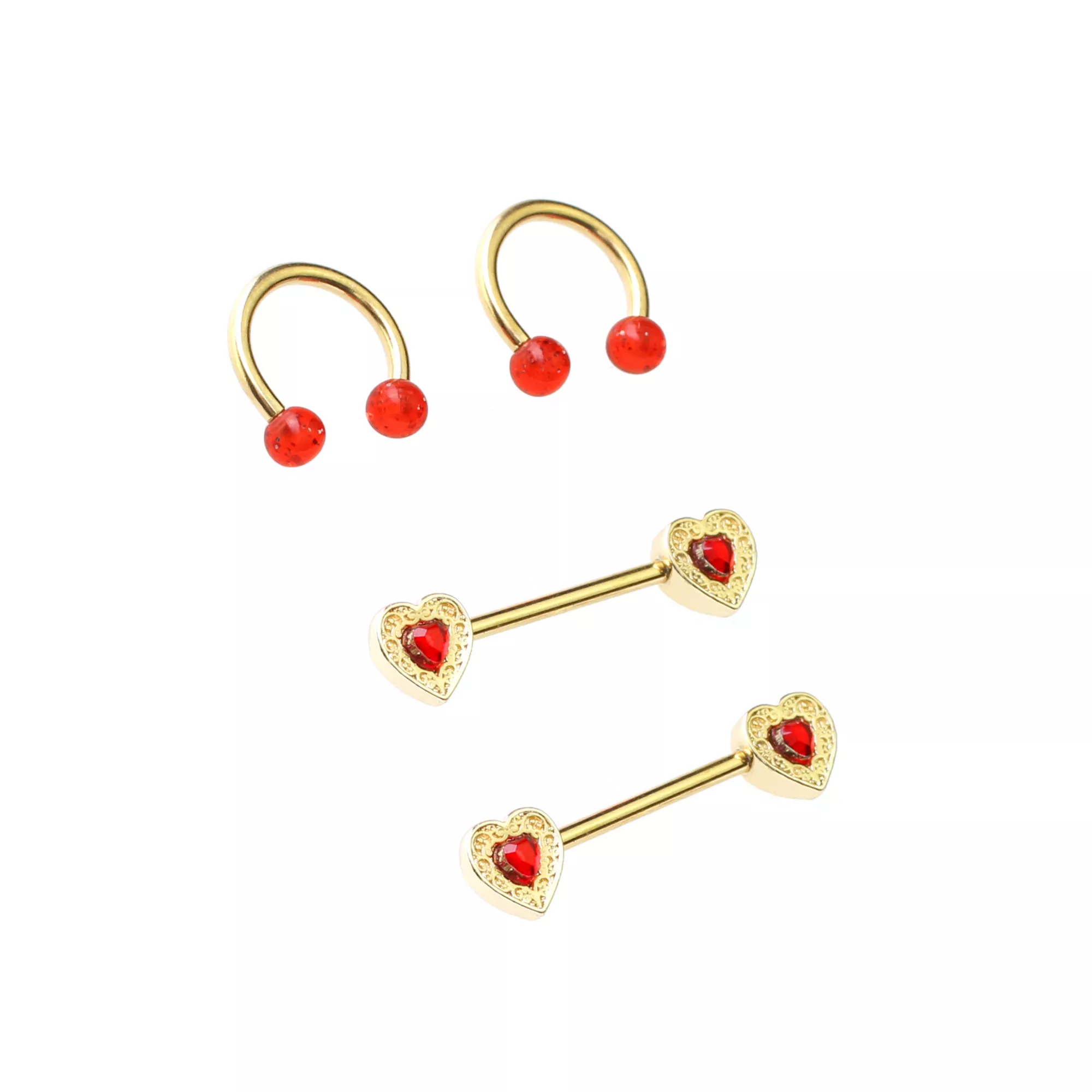 Multi-Pack Gold-Tone Red Heart Nipple Horseshoe Rings and Barbells 2 Pair - 14 Gauge
