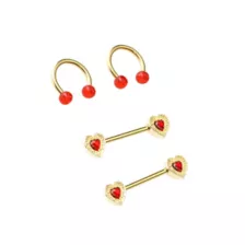 Multi-Pack Gold-Tone Red Heart Nipple Horseshoe Rings and Barbells 2 Pair - 14 Gauge at Spencer's