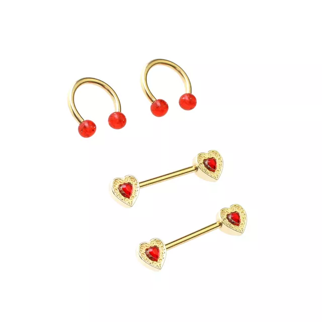 Multi-Pack Gold-Tone Red Heart Nipple Horseshoe Rings and Barbells 2 Pair - 14 Gauge at Spencer's