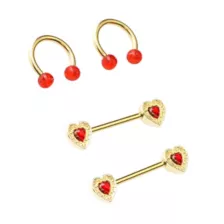 Multi-Pack Gold-Tone Red Heart Nipple Horseshoe Rings and Barbells 2 Pair - 14 Gauge at Spencer's