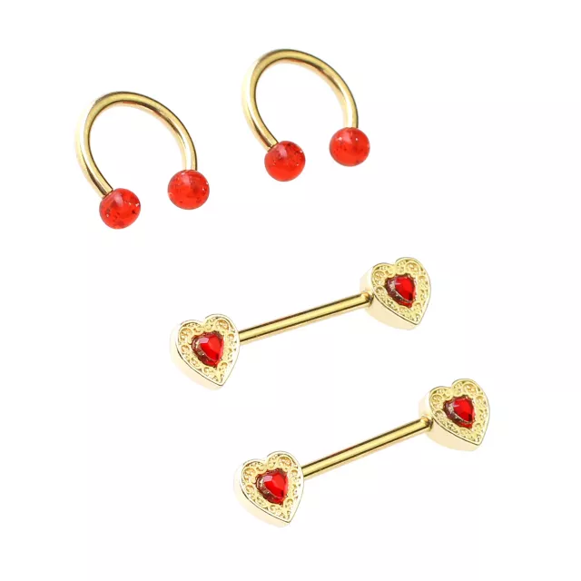 Multi-Pack Gold-Tone Red Heart Nipple Horseshoe Rings and Barbells 2 Pair - 14 Gauge at Spencer's