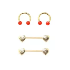 Multi-Pack Gold-Tone Red Heart Nipple Horseshoe Rings and Barbells 2 Pair - 14 Gauge at Spencer's