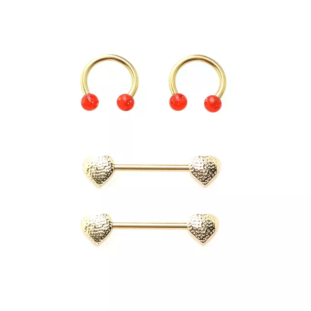 Multi-Pack Gold-Tone Red Heart Nipple Horseshoe Rings and Barbells 2 Pair - 14 Gauge at Spencer's