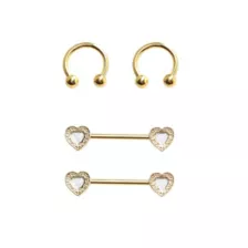 Multi-Pack Gold-Plated Heart Nipple Barbells and Horseshoe Rings 2 Pair - 14 Gauge at Spencer's