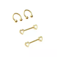 Multi-Pack Gold-Plated Heart Nipple Barbells and Horseshoe Rings 2 Pair - 14 Gauge at Spencer's