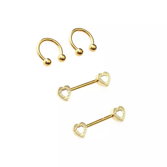Multi-Pack Gold-Plated Heart Nipple Barbells and Horseshoe Rings 2 Pair - 14 Gauge at Spencer's