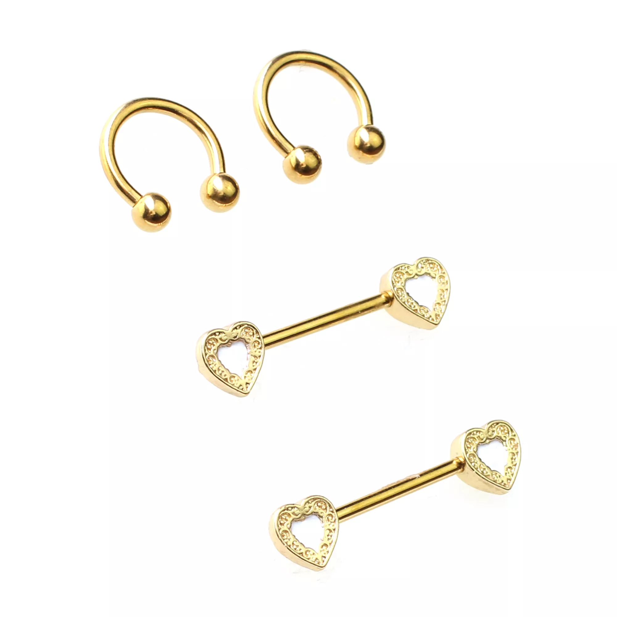 Multi-Pack Gold-Plated Heart Nipple Barbells and Horseshoe Rings 2 Pair - 14 Gauge
