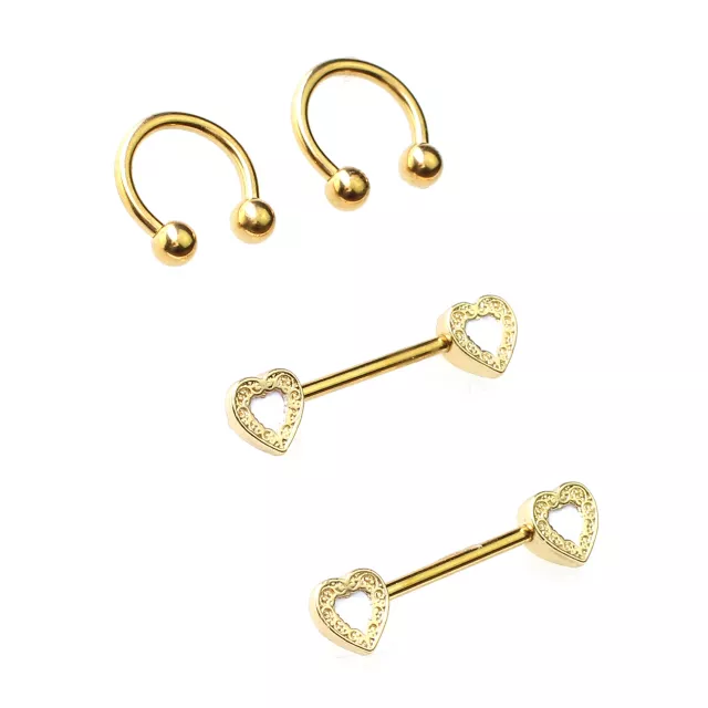 Multi-Pack Gold-Plated Heart Nipple Barbells and Horseshoe Rings 2 Pair - 14 Gauge at Spencer's