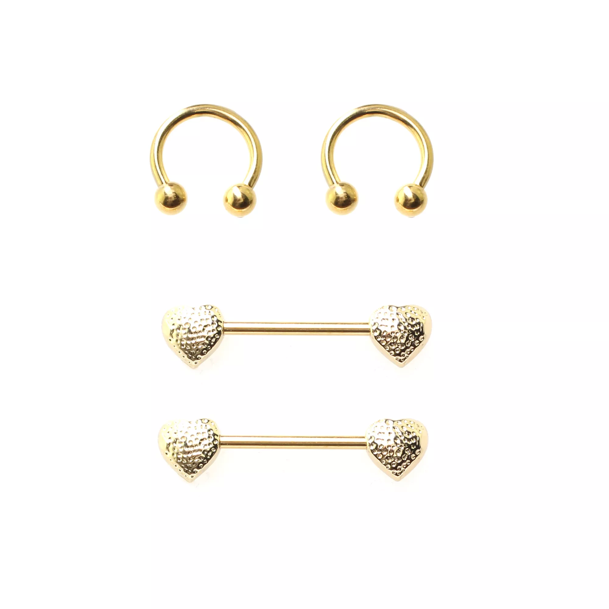 Multi-Pack Gold-Plated Heart Nipple Barbells and Horseshoe Rings 2 Pair - 14 Gauge