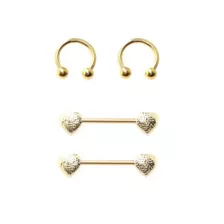 Multi-Pack Gold-Plated Heart Nipple Barbells and Horseshoe Rings 2 Pair - 14 Gauge at Spencer's