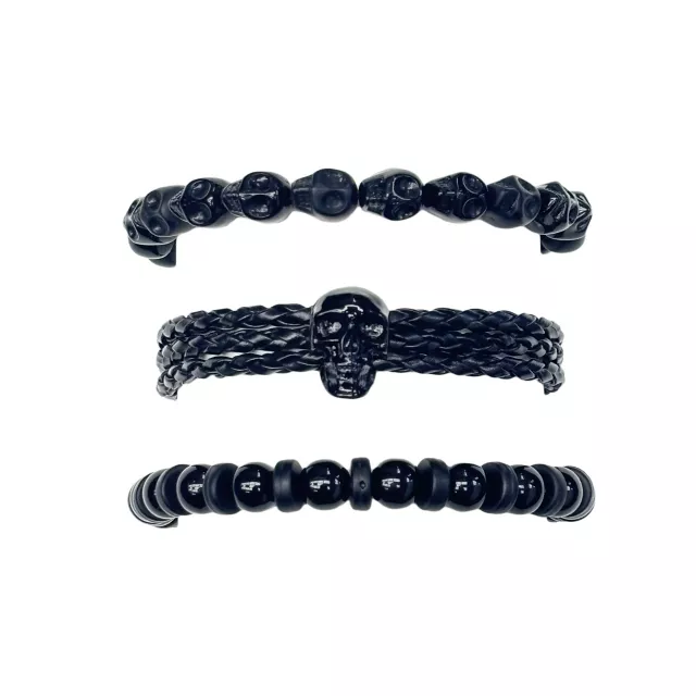 Multi-Pack Black Skull Beaded and Cord Bracelets - 3 Pack at Spencer's